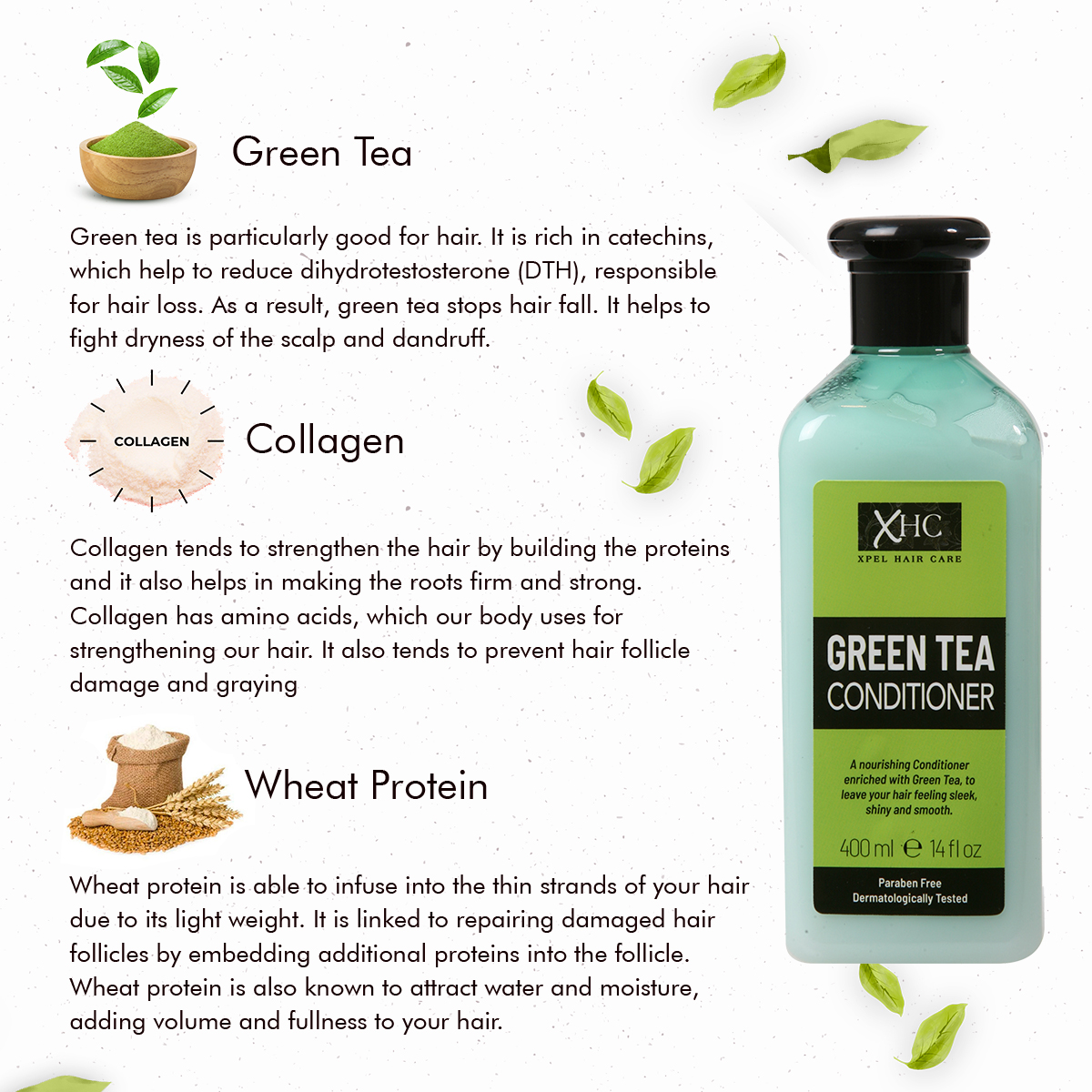 Green Tea Conditioner With Green Tea Extract & Tea Tree Oil To Prevent Hair  Loss, Dandruff & Breakage 400ml – Xpel Marketing (Iveer Impex Pvt. Ltd.)