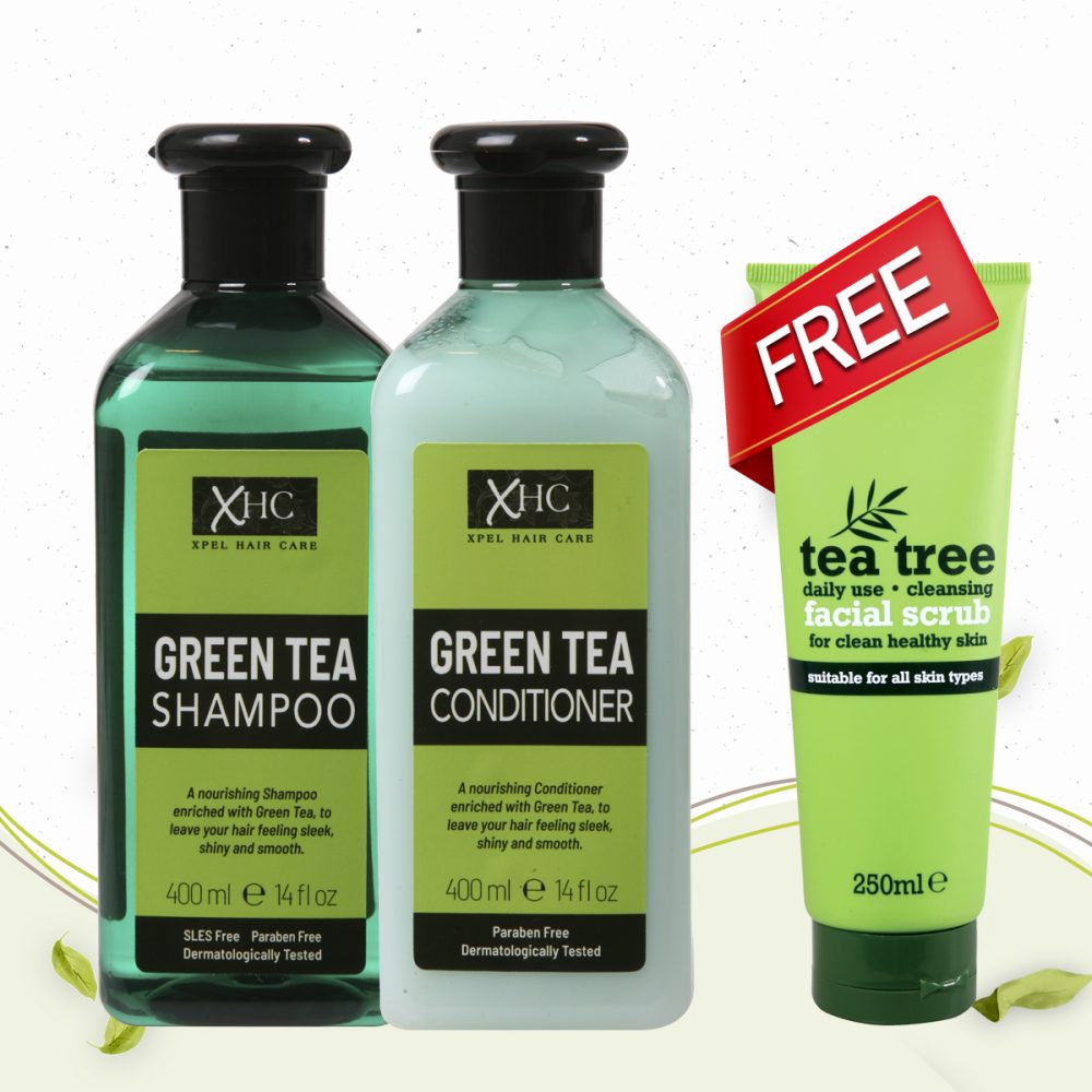 Green Tea Shampoo & Conditioner With Green Tea Extract & Tea Tree Oil To Prevent Hair Loss, Dandruff & Breakage 400ml + FREE TEA TREE FACIAL SCRUB